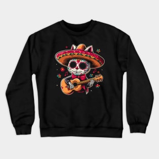 Guitar-Playing Day of the Dead Cat Crewneck Sweatshirt